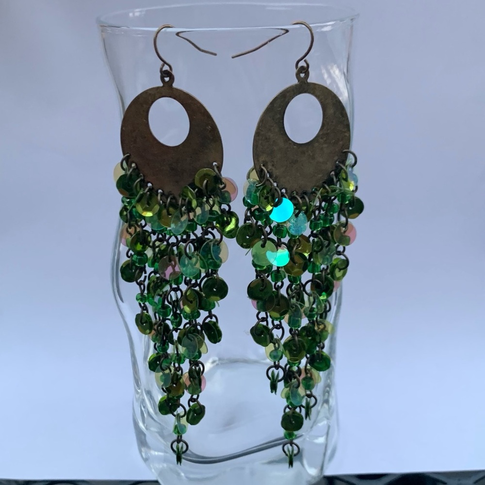 Boho Green Chandelier Earrings NWT Long Dangling Bohemian with Beads and Sequins